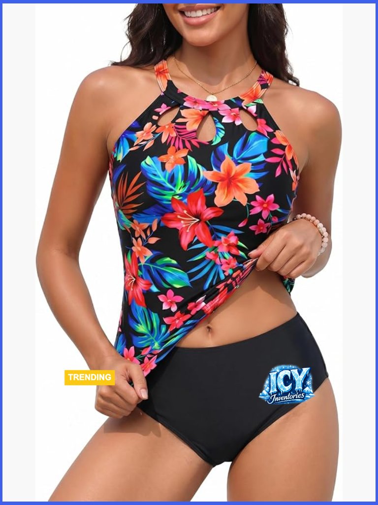 Two Piece High Neck Tankini Swimsuit Tummy Control Bathing Suit
